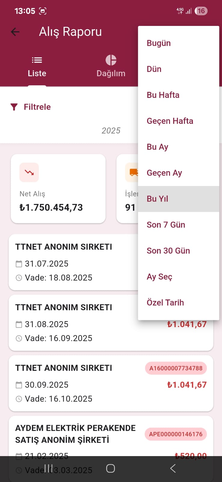 Alış raporu ekranı