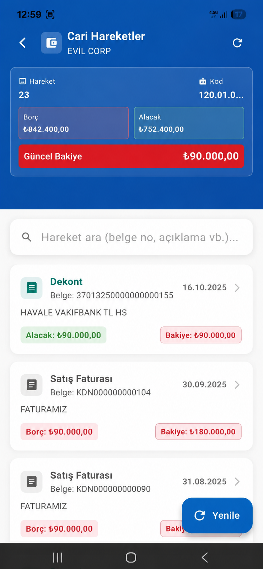 Cari hareketler ekranı