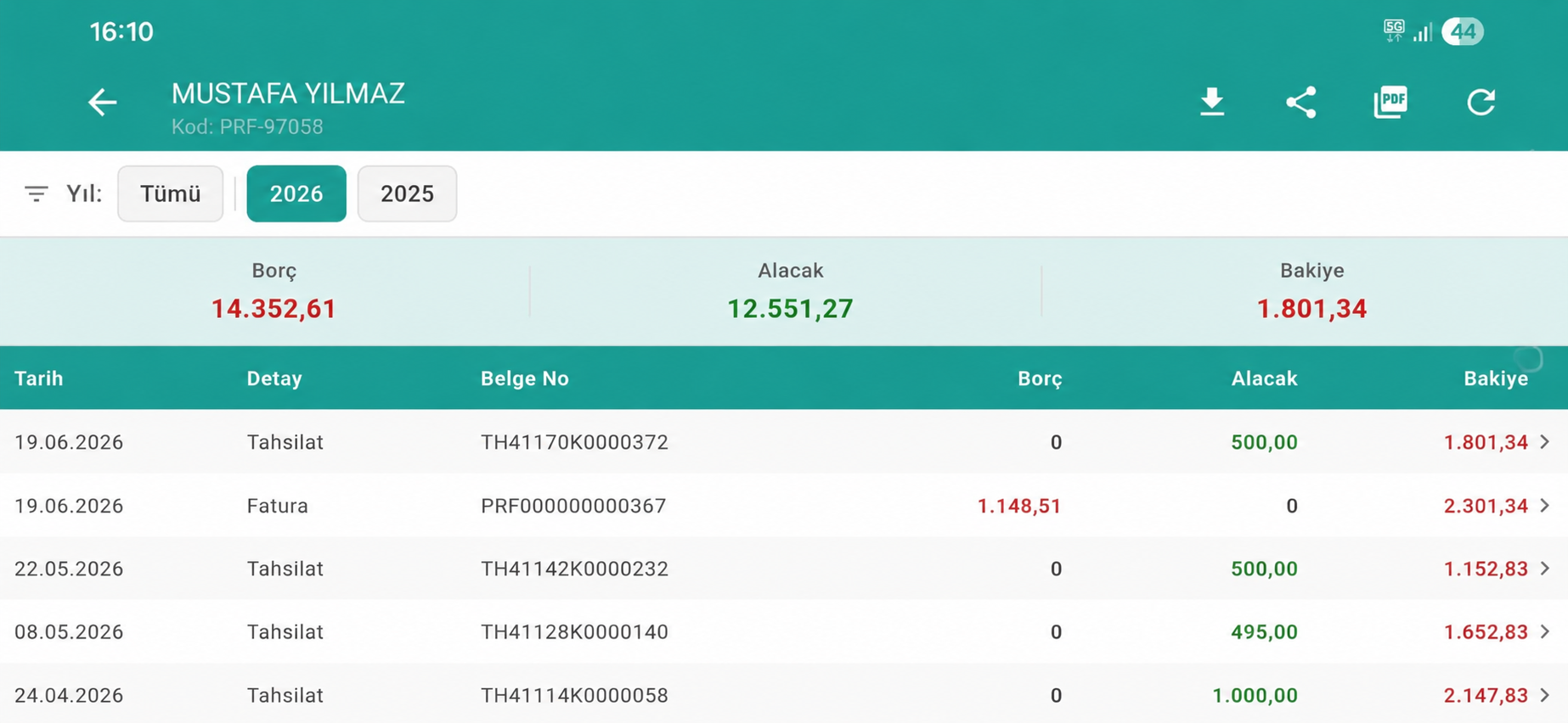 Route Sales cari hesap ekstresi — belge bazlı borç, alacak ve bakiye