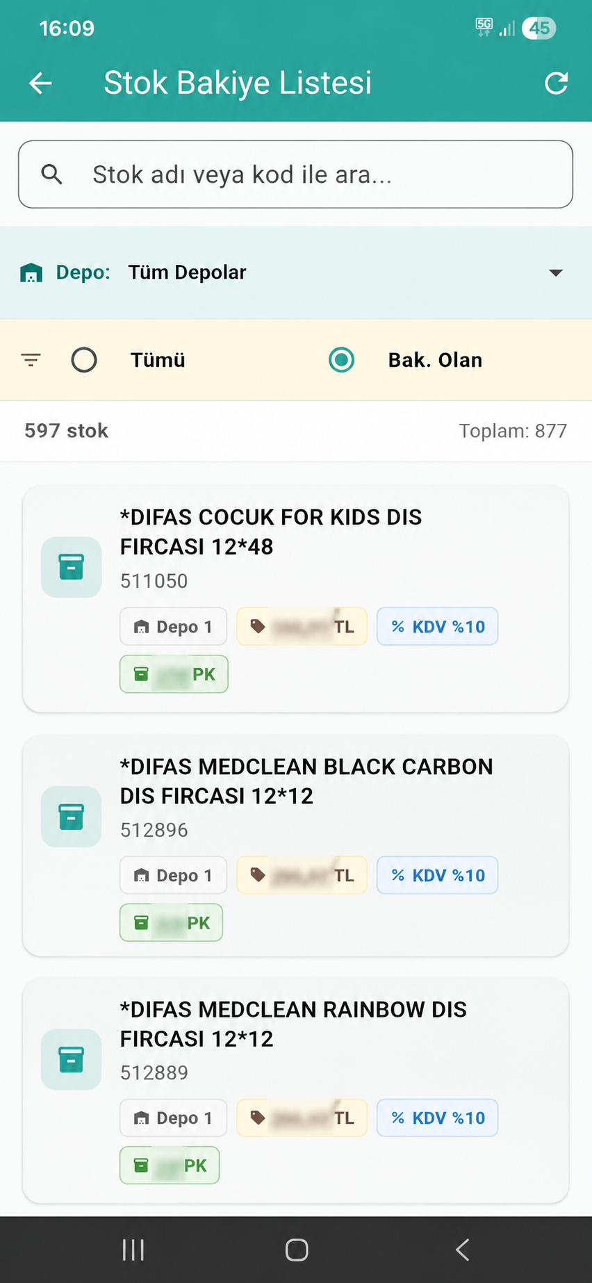 Route Sales stok bakiye listesi ekranı