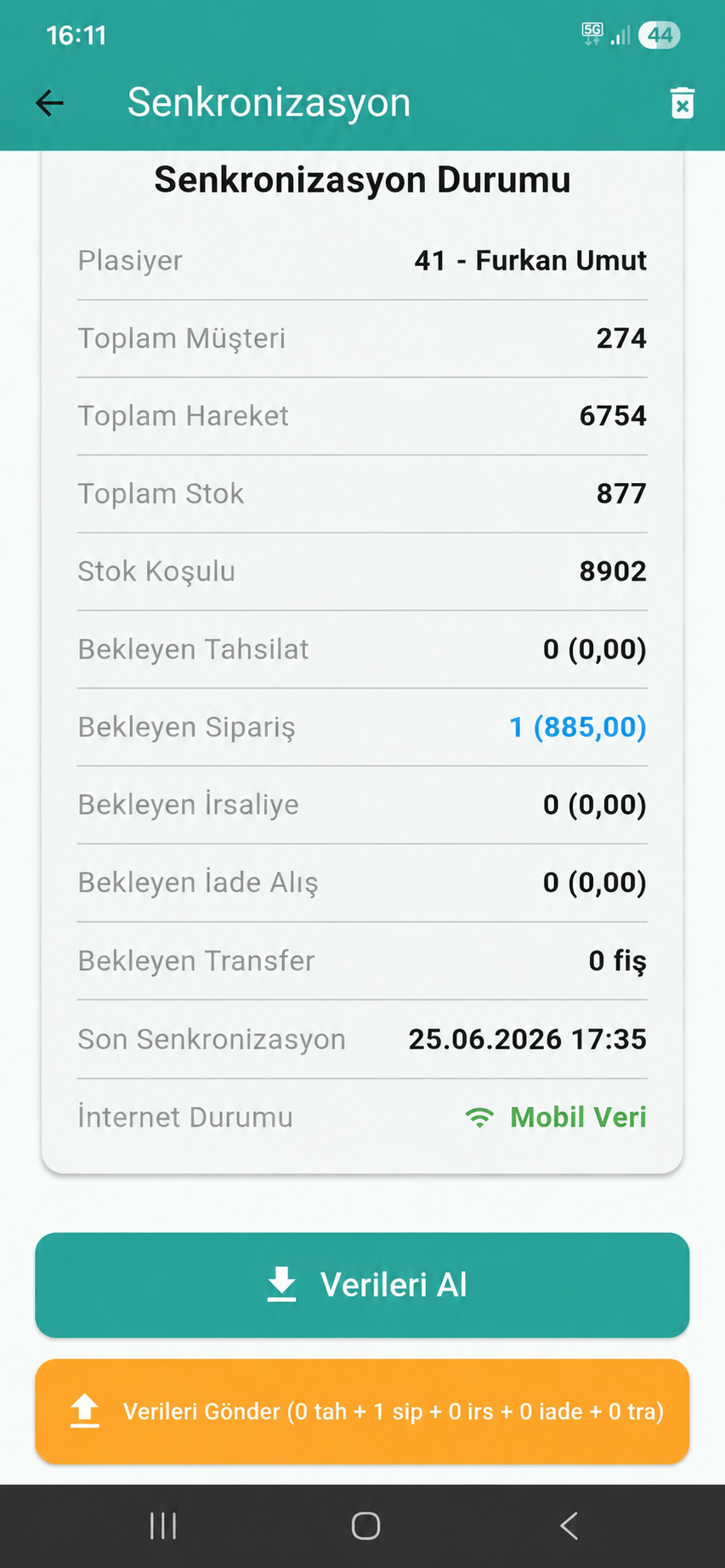 Route Sales senkronizasyon durumu ekranı