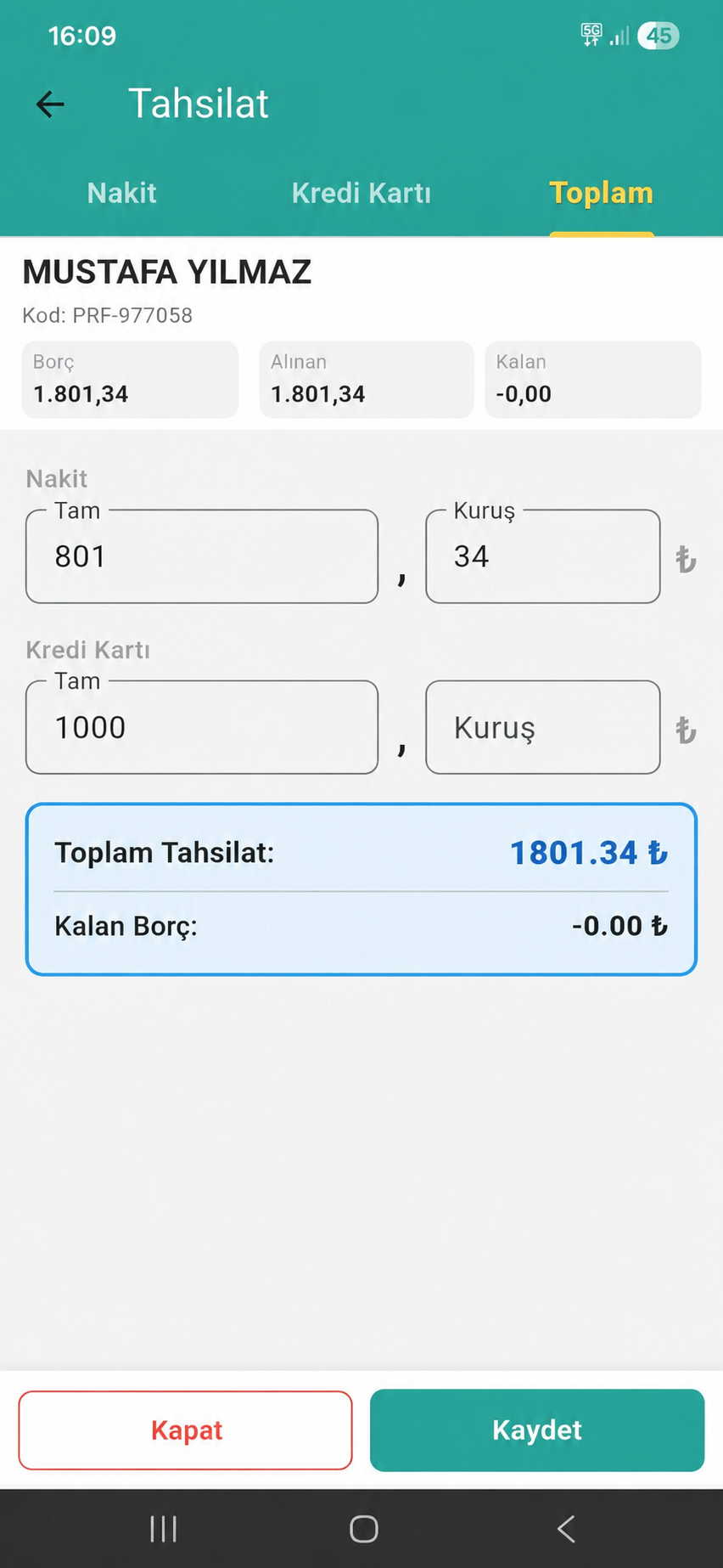 Route Sales tahsilat ekranı — nakit ve kredi kartı