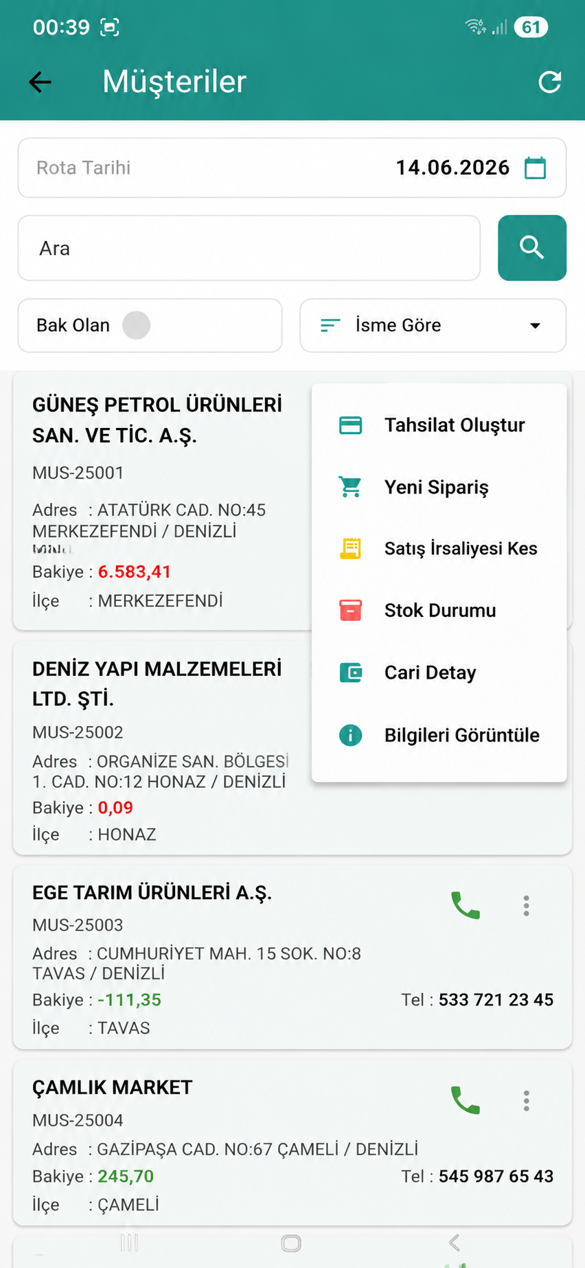 Müşteri ve rota listesi
