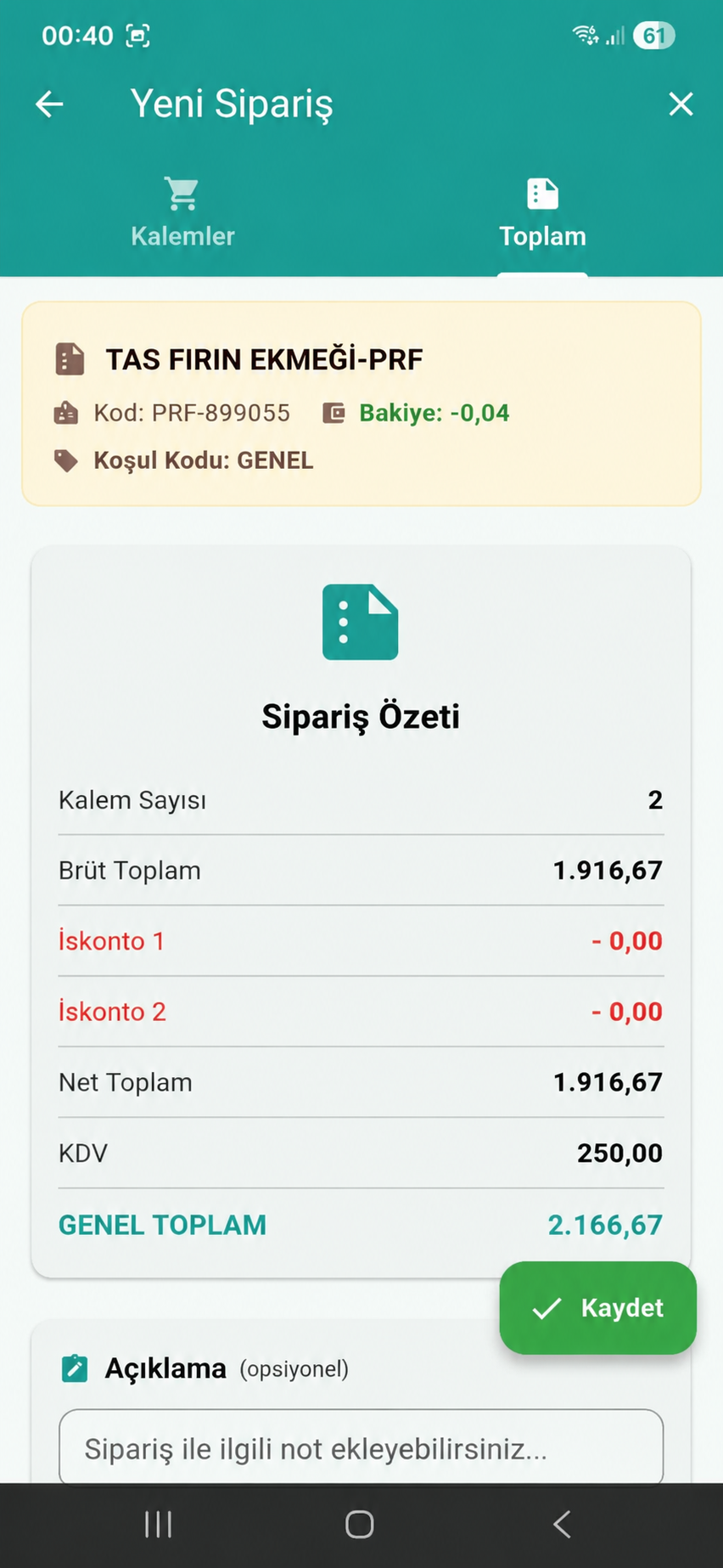 Sipariş özeti