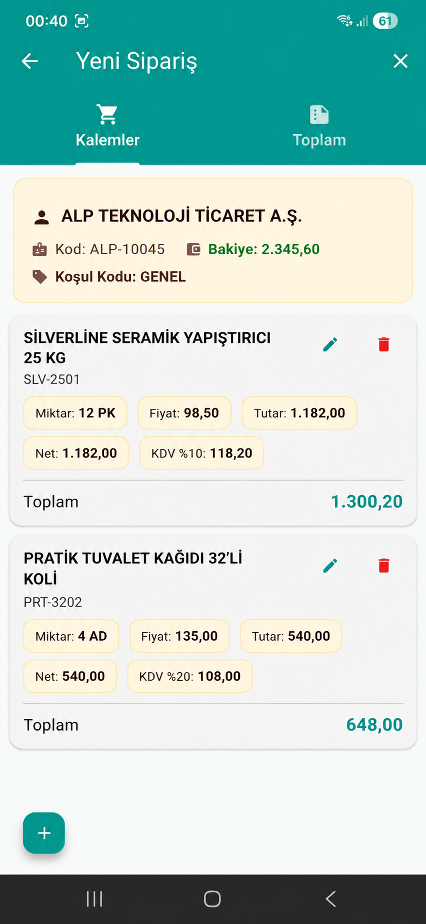 Yeni sipariş kalemleri